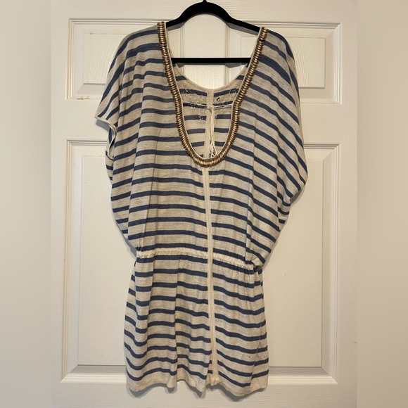 Striped Blue and White Tunic with Bead Accents - Picture 2 of 4